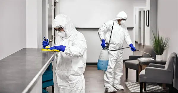 Professionnel équipé d’un pulvérisateur désinfectant intervenant dans un bureau pour éliminer virus et bactéries.