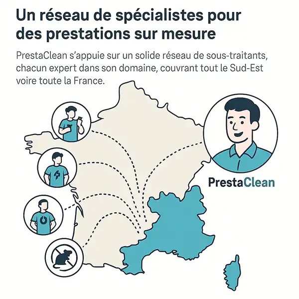 Fonctionnement réseau PrestaClean - Sous-traitants spécialisés et interventions locales